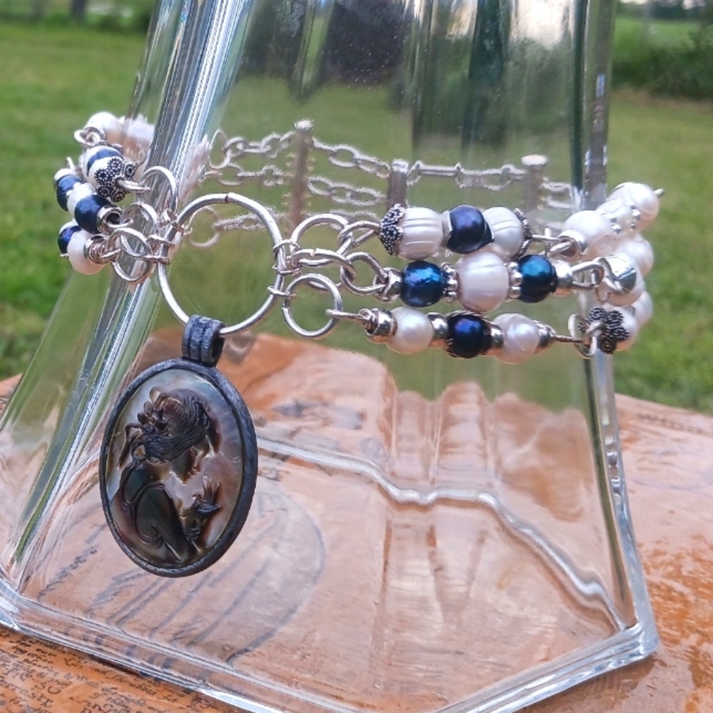 OOAK Freshwater & Black Pearl Cameo Choker SS Plate with Antique Slide Clasp